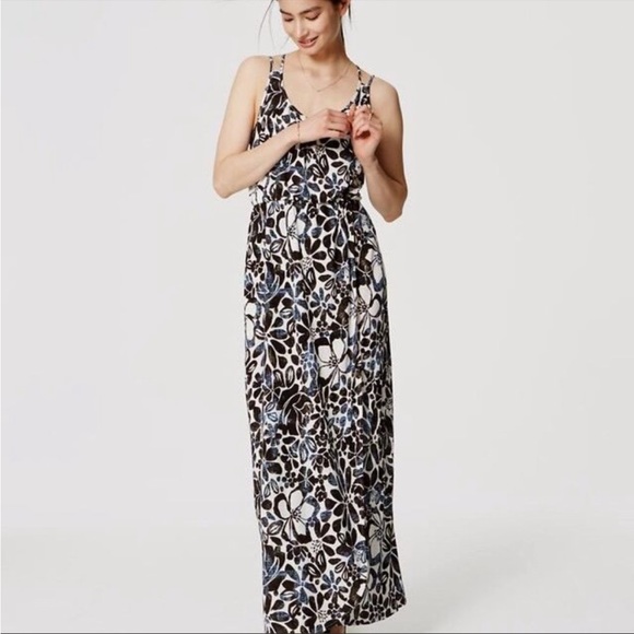 NWOT 💋 LOFT 💋 Brown & Navy Blue Floral Print Strappy Maxi Dress - XSP - Picture 3 of 9